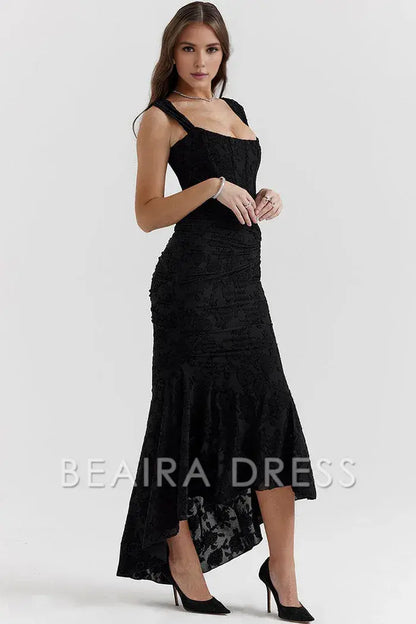 Beaira Unique Luxury Textured Floral Ruched Corset Sleeveless Fishtail Evening Dress - Black