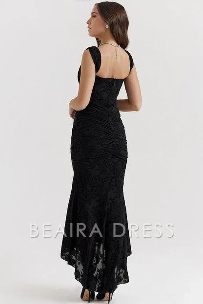Beaira Unique Luxury Textured Floral Ruched Corset Sleeveless Fishtail Evening Dress - Black