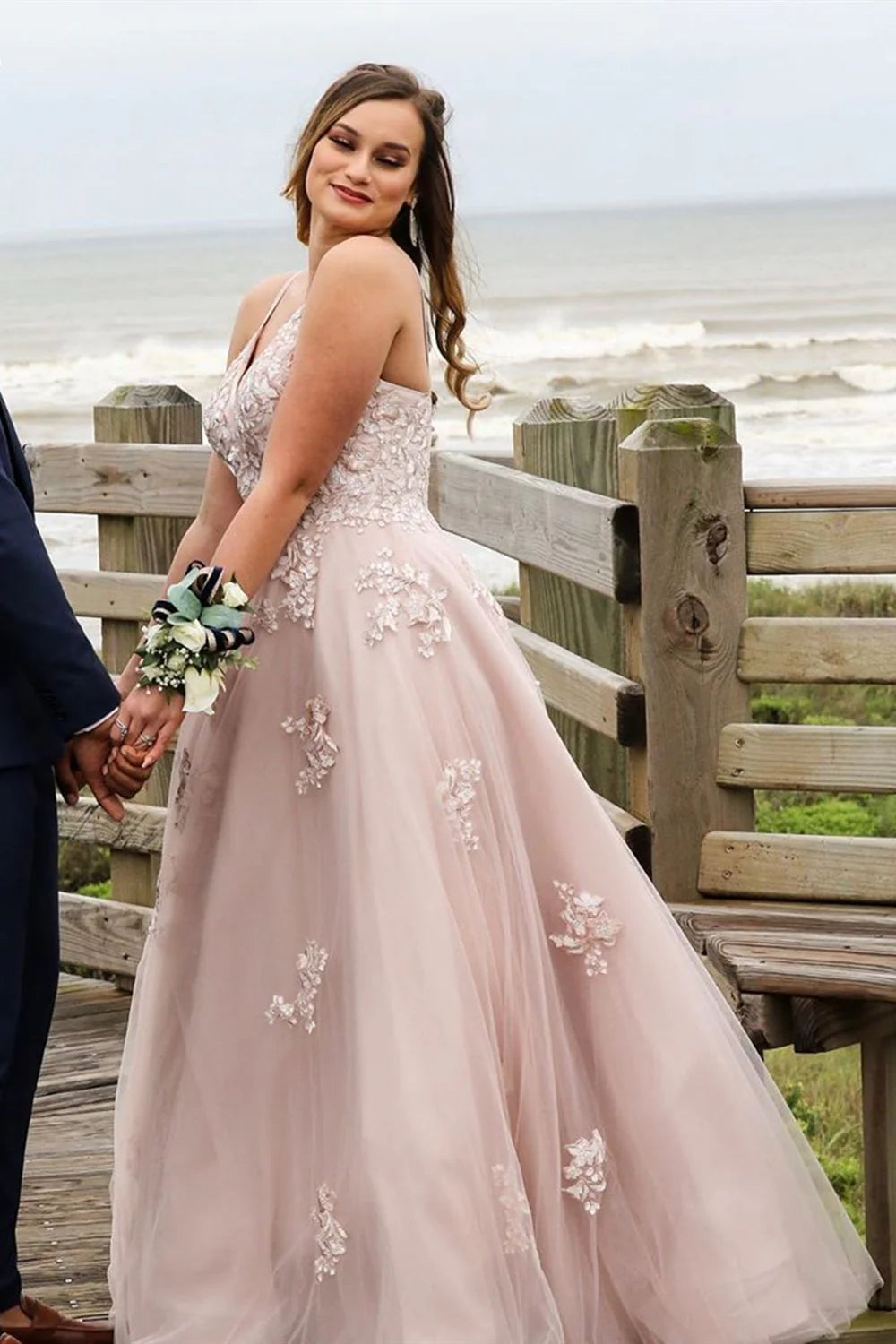 V Neck Open Back Dusty Pink Lace Long Prom Dress