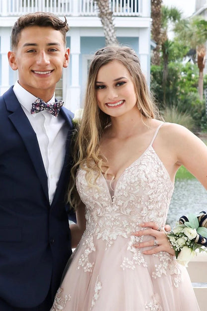 V Neck Open Back Dusty Pink Lace Long Prom Dress