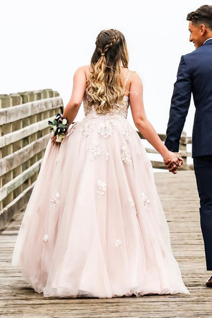V Neck Open Back Dusty Pink Lace Long Prom Dress