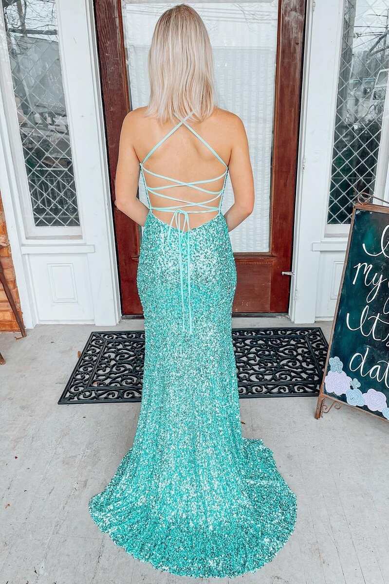 V Neck Sequin Mermaid Prom Dresses With Slit Sweep Train