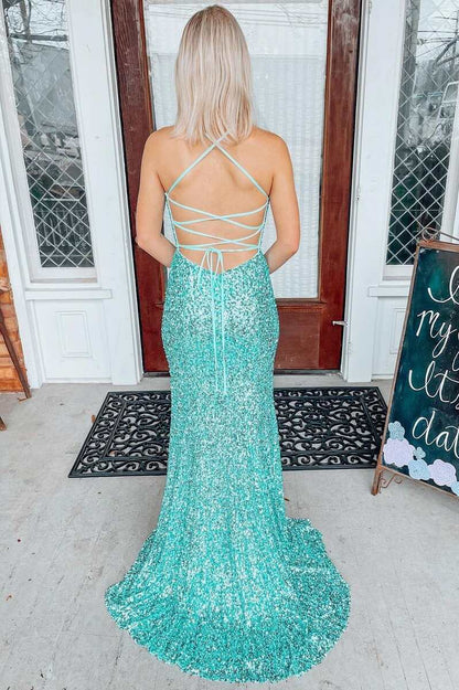 V Neck Sequin Mermaid Prom Dresses With Slit Sweep Train
