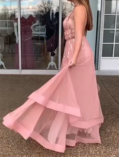 V-Neck Sleeveless Tulle Long Pink Prom Dresses With Beading Tiered Evening Dresses