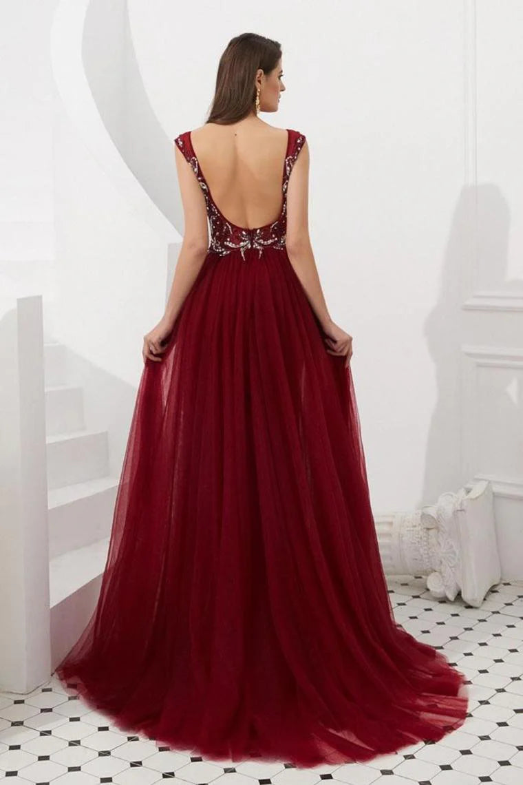 V Neck Sleeveless Tulle Long Prom Dress With Beads Crystal