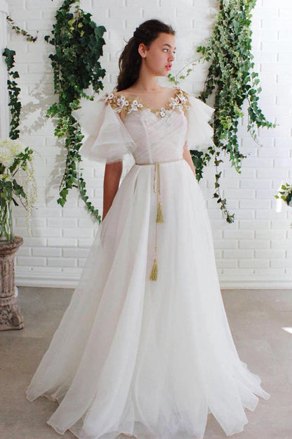 A Line Chic Long White Organza Short Sleeves Scoop Neck Appliques Prom Dresses