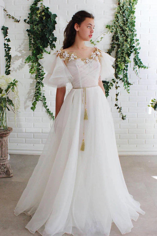 A Line Chic Long White Organza Short Sleeves Scoop Neck Appliques Prom Dresses