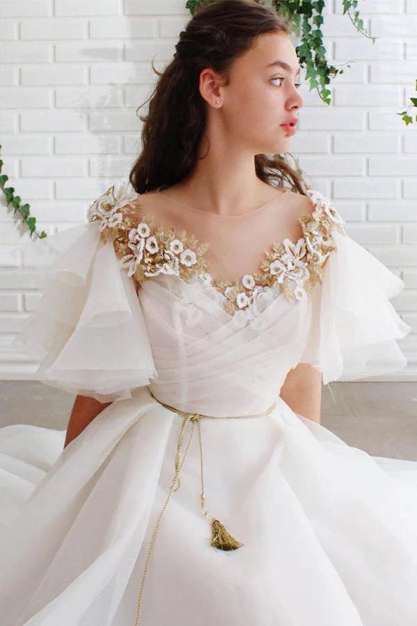 A Line Chic Long White Organza Short Sleeves Scoop Neck Appliques Prom Dresses