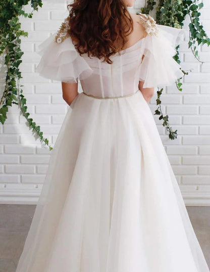A Line Chic Long White Organza Short Sleeves Scoop Neck Appliques Prom Dresses