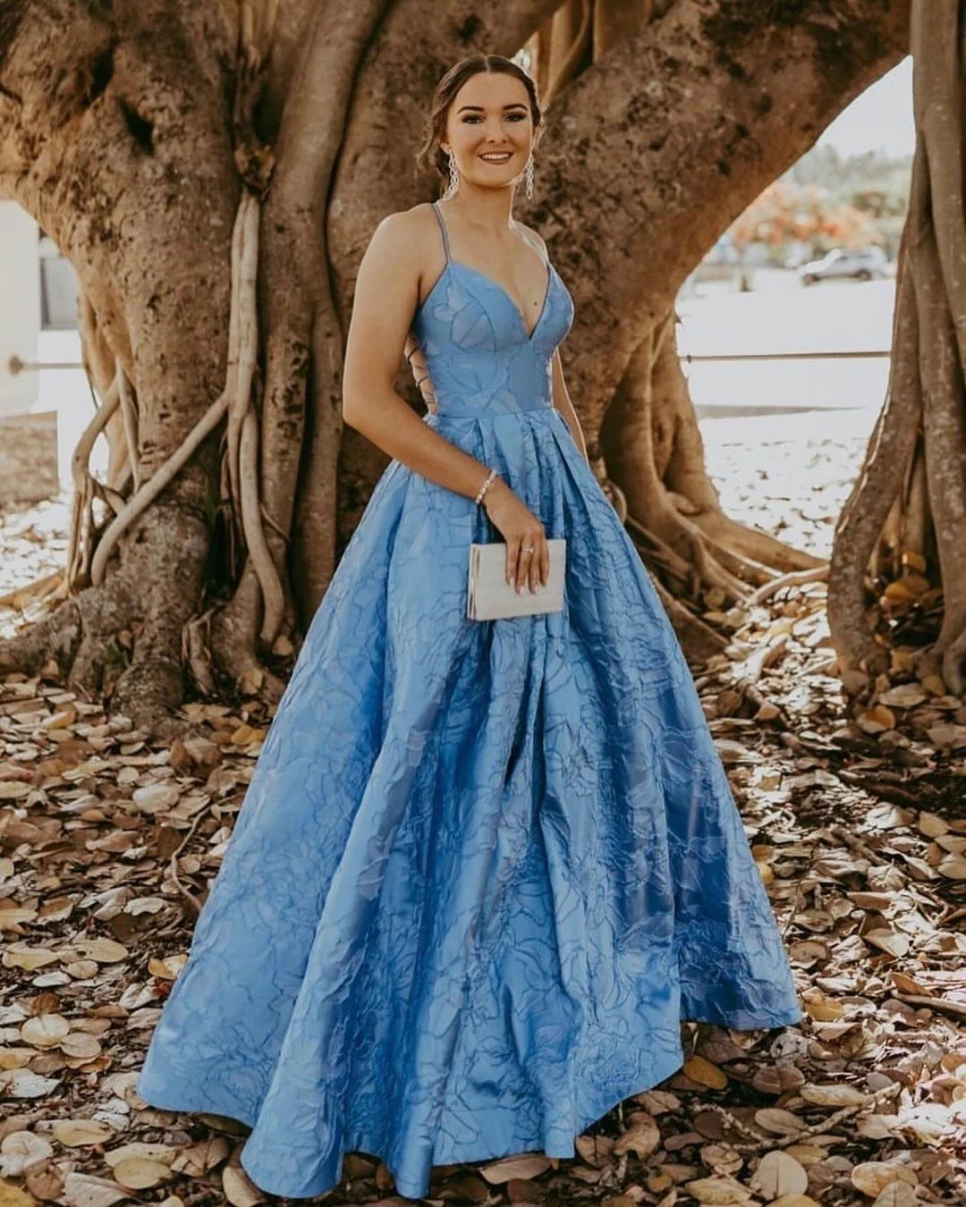 V Neck Straps Blue Prom Dresses with Pockets