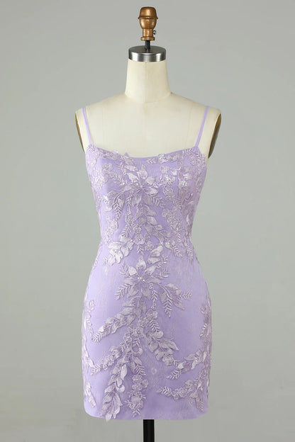 Vintage Sheath Spaghetti Straps Satin Short Homecoming Dresses with Applique