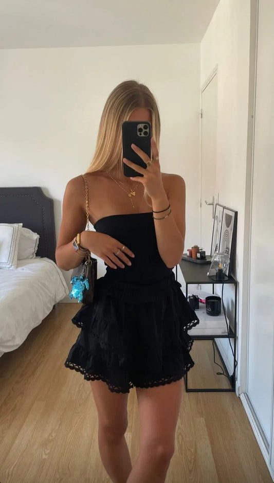 Beaira Vintage A line Strapless Layered Ruffle Mini Dresses Black Homecoming Dress 16th Birthday Dresses