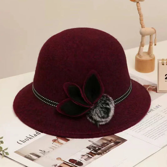 Beaira Vintage Elegant Women Hat Flower Pompom Solid Color Wool Felt Fedoras With Brim For Ladies Autumn Winter Female Jazz Cap