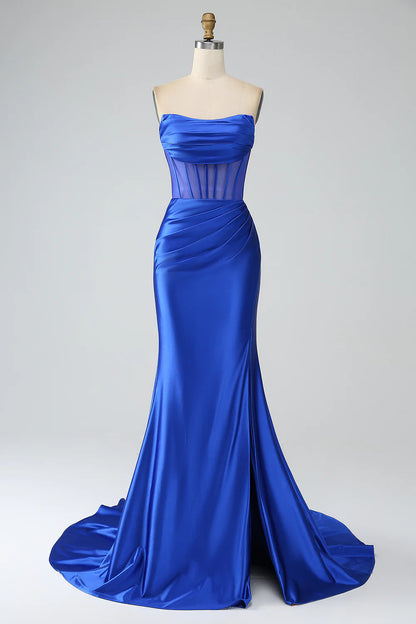Beaira Royal Blue Mermaid Strapless Pleated Corset Long Prom Dress with Slit