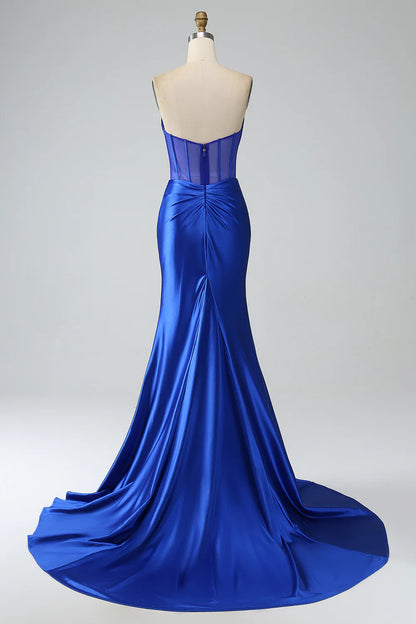 Beaira Royal Blue Mermaid Strapless Pleated Corset Long Prom Dress with Slit