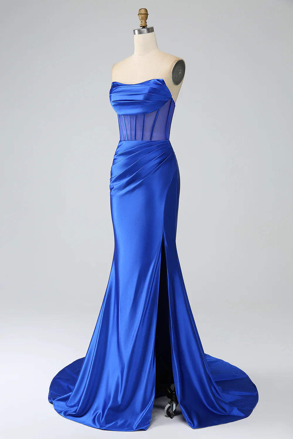 Beaira Royal Blue Mermaid Strapless Pleated Corset Long Prom Dress with Slit