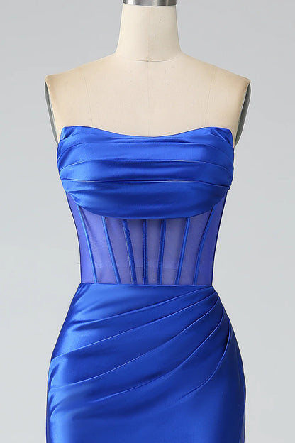 Beaira Royal Blue Mermaid Strapless Pleated Corset Long Prom Dress with Slit