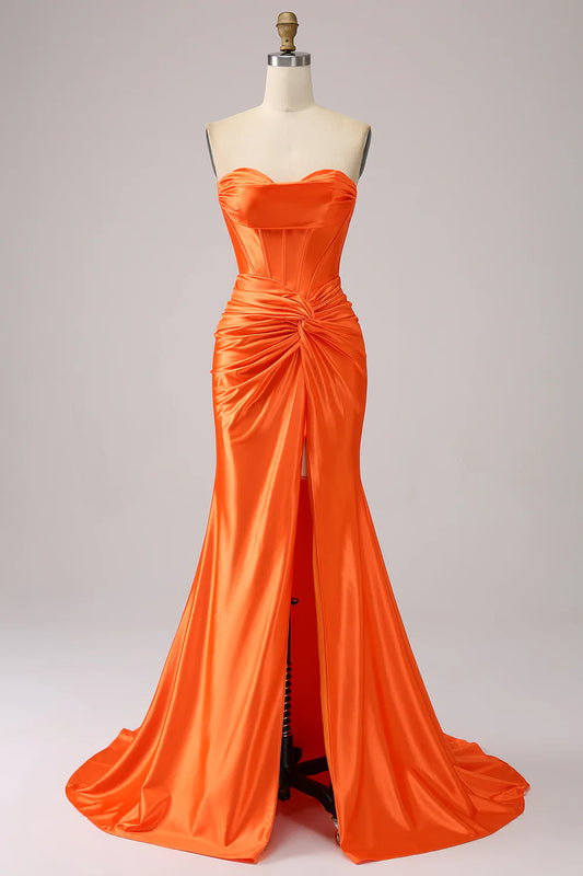 Beaira Orange Mermaid Sweetheart Corset Long Sparkly Prom Dress with Slit