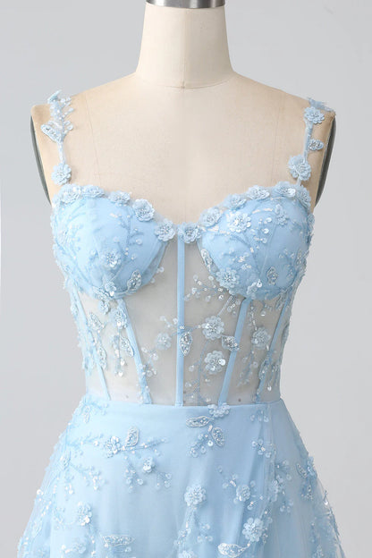 Beaira Sparkly Blue A Line Spaghetti Straps Sequin Corset Prom Dress With Slit