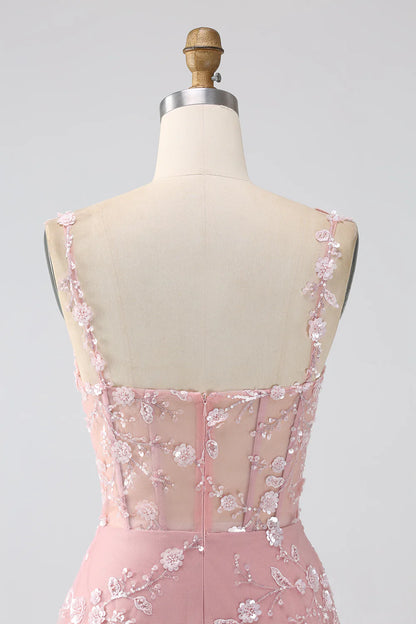 Beaira Sparkly Blush A Line Spaghetti Straps Sequin Corset Prom Dress With Slit