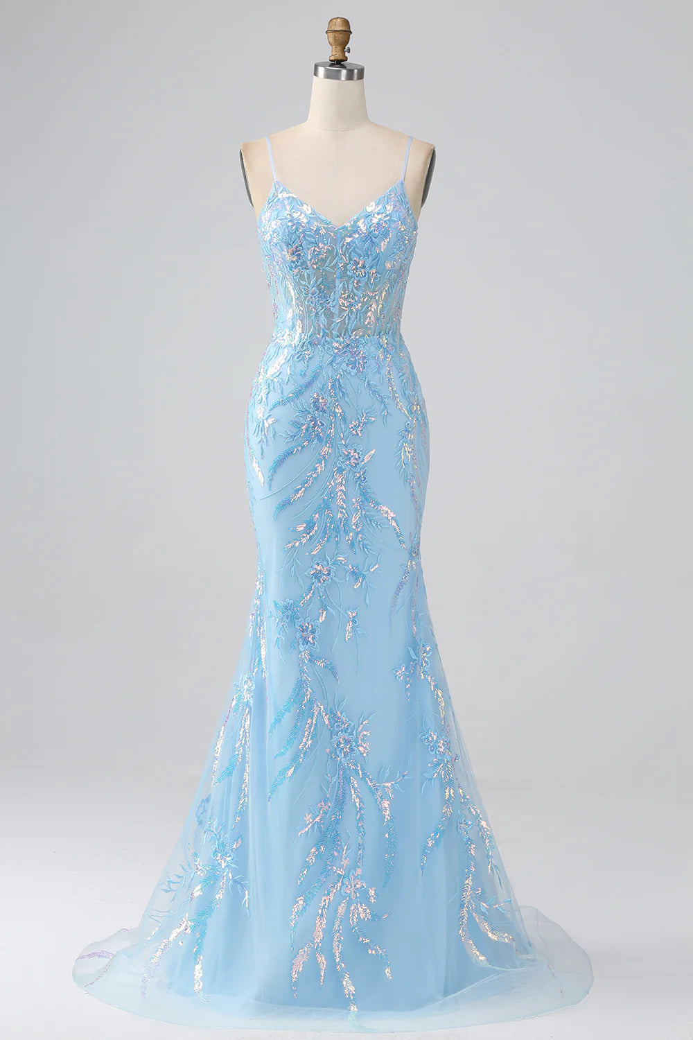 Beaira Sparkly Light Blue Mermaid Spaghetti Straps Long Prom Dress With Beading