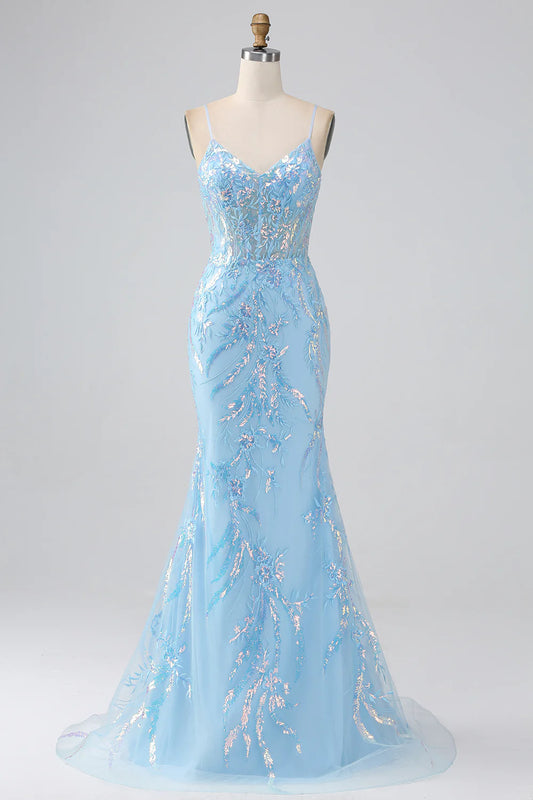 Beaira Sparkly Light Blue Mermaid Spaghetti Straps Long Prom Dress With Beading