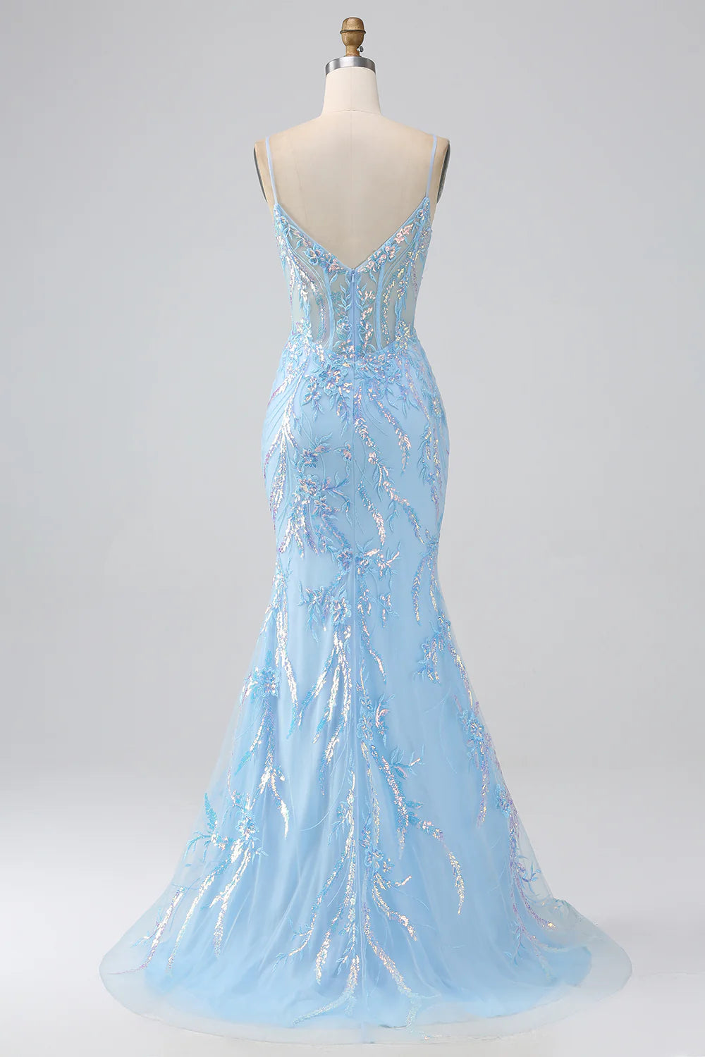 Beaira Sparkly Light Blue Mermaid Spaghetti Straps Long Prom Dress With Beading