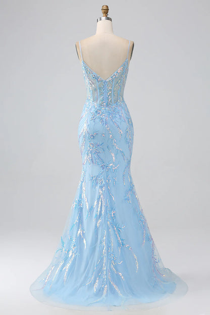 Beaira Sparkly Light Blue Mermaid Spaghetti Straps Long Prom Dress With Beading