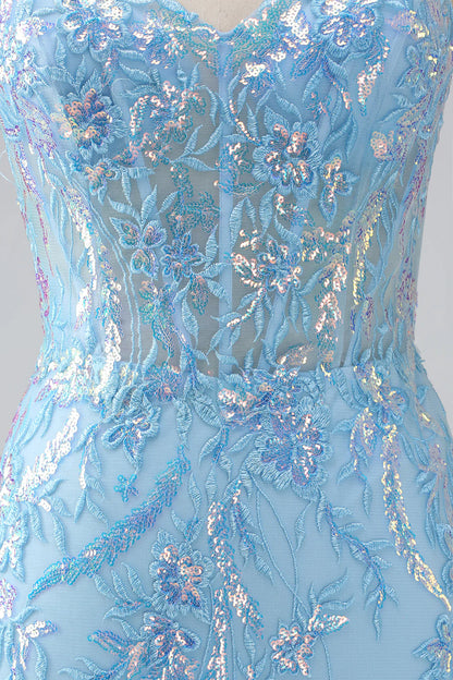 Beaira Sparkly Light Blue Mermaid Spaghetti Straps Long Prom Dress With Beading