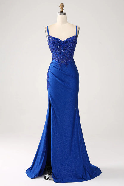 Beaira Glitter Royal Blue Mermaid Spaghetti Straps Long Prom Dress with Appliques