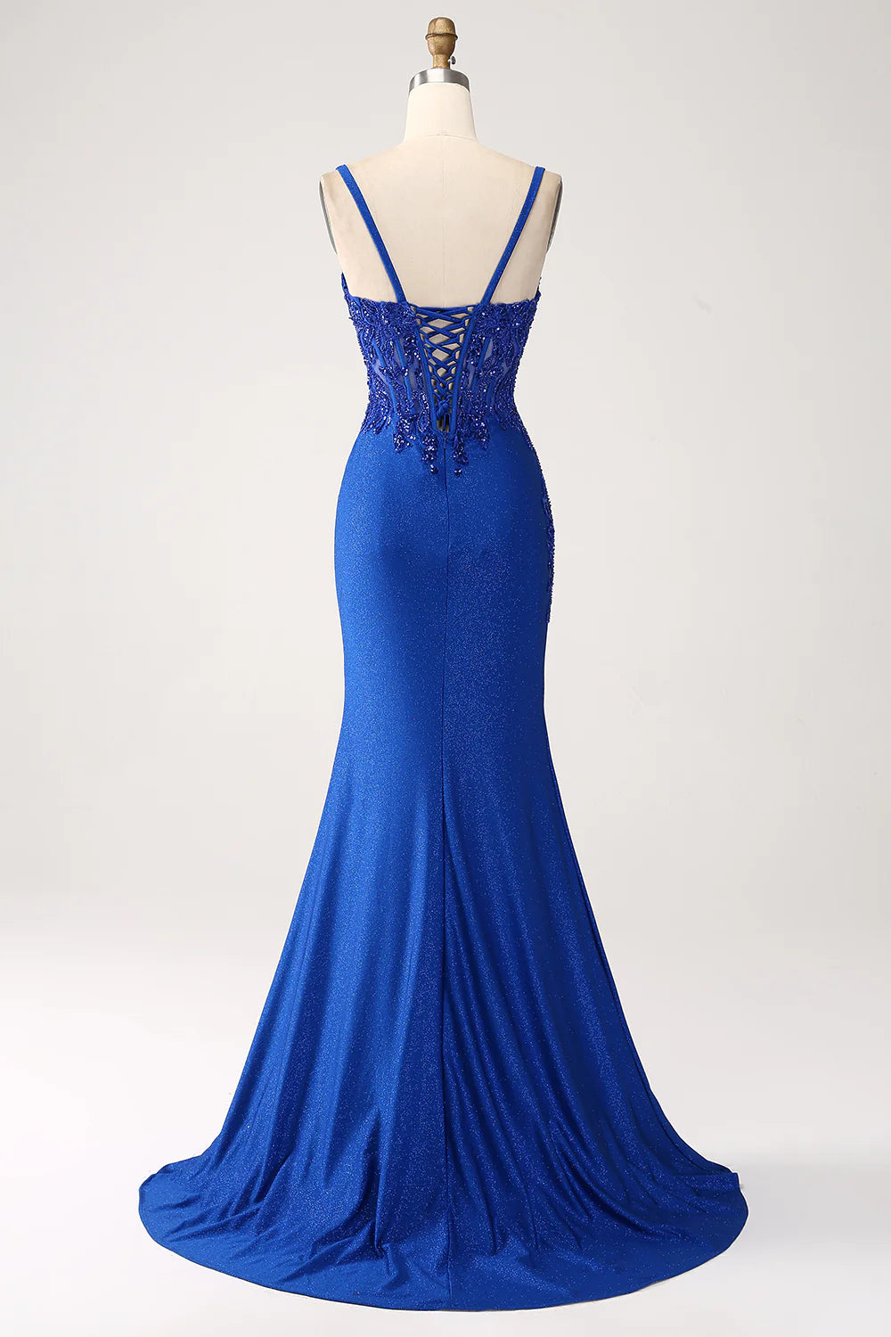 Beaira Glitter Royal Blue Mermaid Spaghetti Straps Long Prom Dress with Appliques
