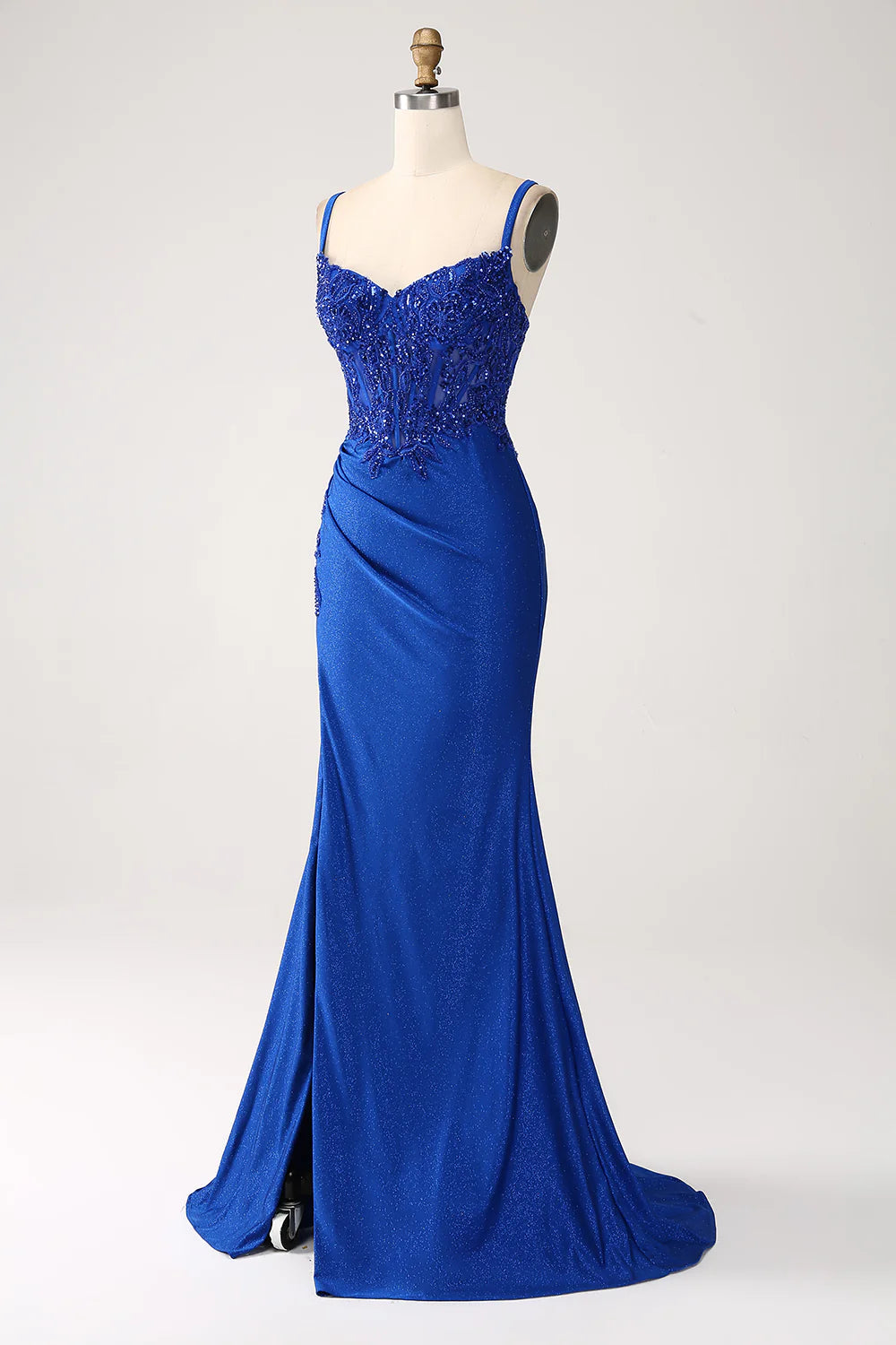 Beaira Glitter Royal Blue Mermaid Spaghetti Straps Long Prom Dress with Appliques