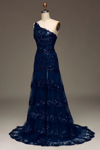 Beaira Sparkly Dark Navy Tiered Lace One Shoulder Long Prom Dress with Slit