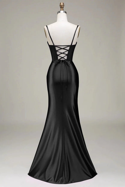 Beaira Black Satin Spaghetti Straps Prom Dress with Corset