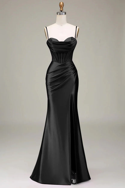 Beaira Black Satin Spaghetti Straps Prom Dress with Corset