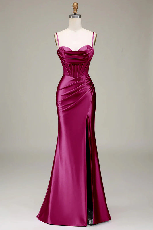 Beaira Burgundy Satin Spaghetti Straps Prom Dress with Corset