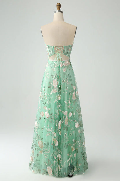 Green A Line Sweetheart Printed Corset Prom Dress with Slit