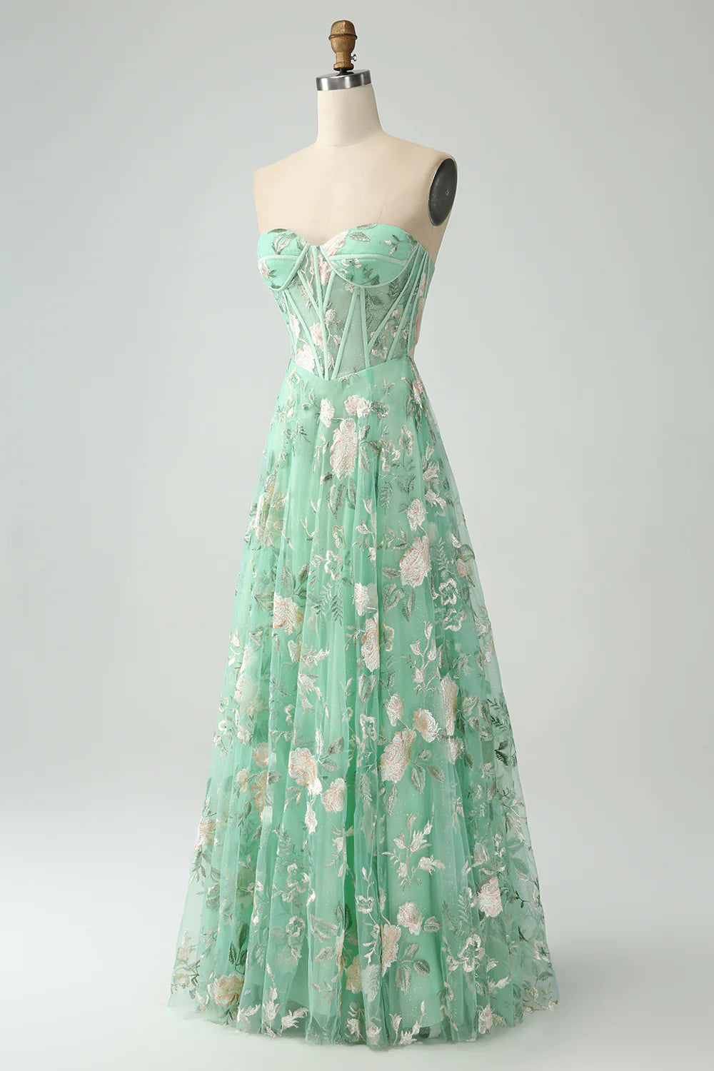 Green A Line Sweetheart Printed Corset Prom Dress with Slit