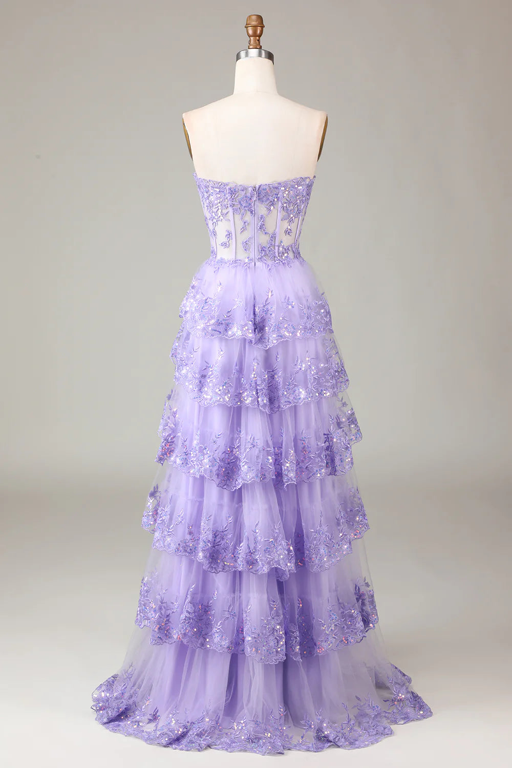 Beaira Lavender Strapless Tiered Tulle Corset Prom Dress with Appliques