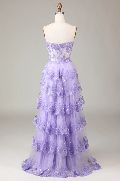 Beaira Lavender Strapless Tiered Tulle Corset Prom Dress with Appliques