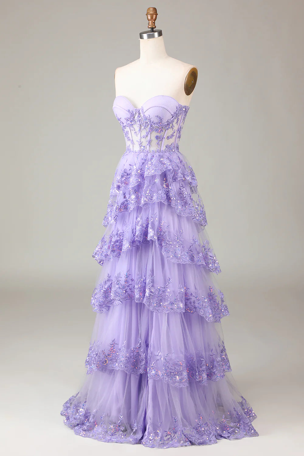 Beaira Lavender Strapless Tiered Tulle Corset Prom Dress with Appliques