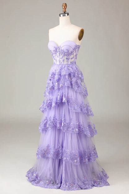 Beaira Lavender Strapless Tiered Tulle Corset Prom Dress with Appliques