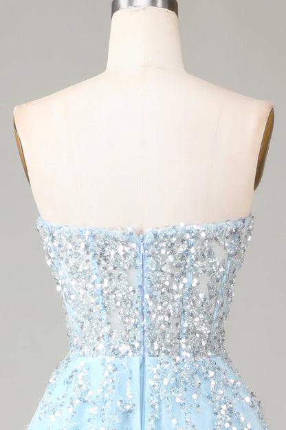 Beaira Corset Blue Strapless A Line Prom Dress with Slit