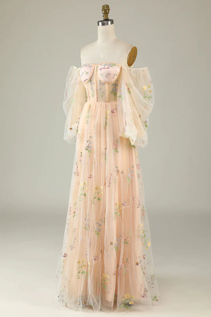 Off The Shoulder Long Sleeves A-Line Prom Dress