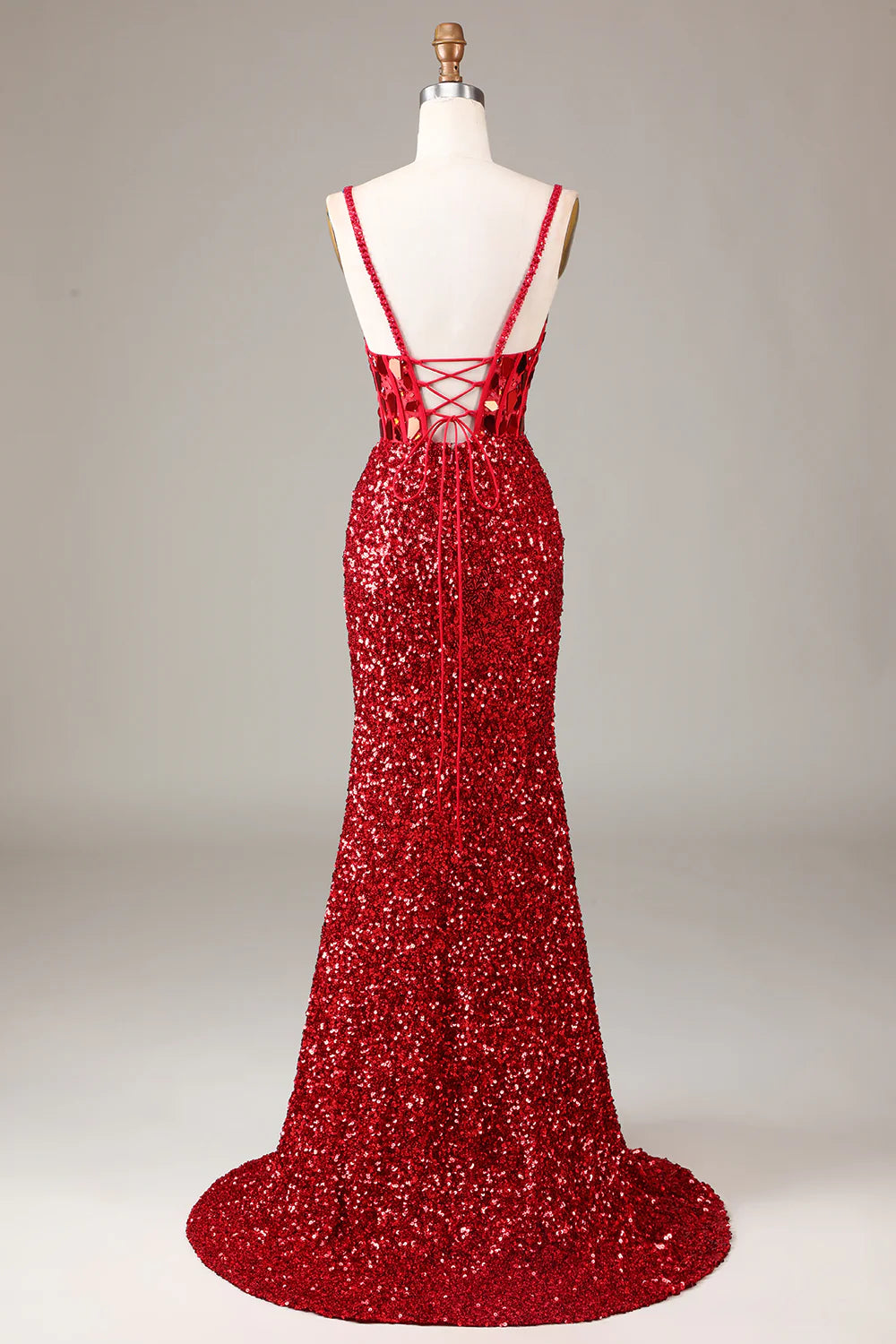 Beaira Glitter Mirror Sequins Red Corset Prom Dress with Slit