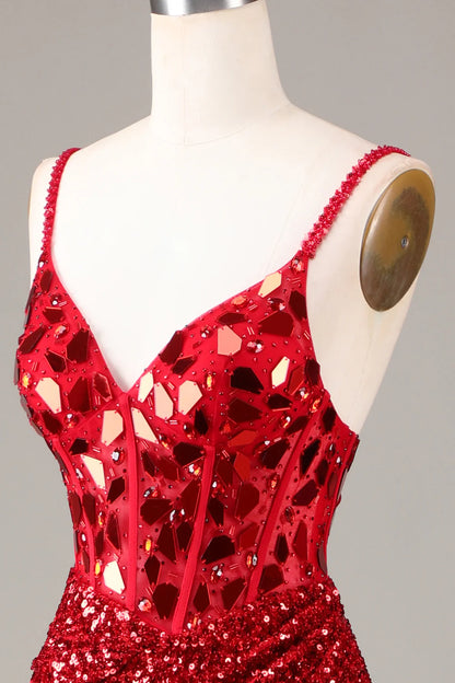 Beaira Glitter Mirror Sequins Red Corset Prom Dress with Slit