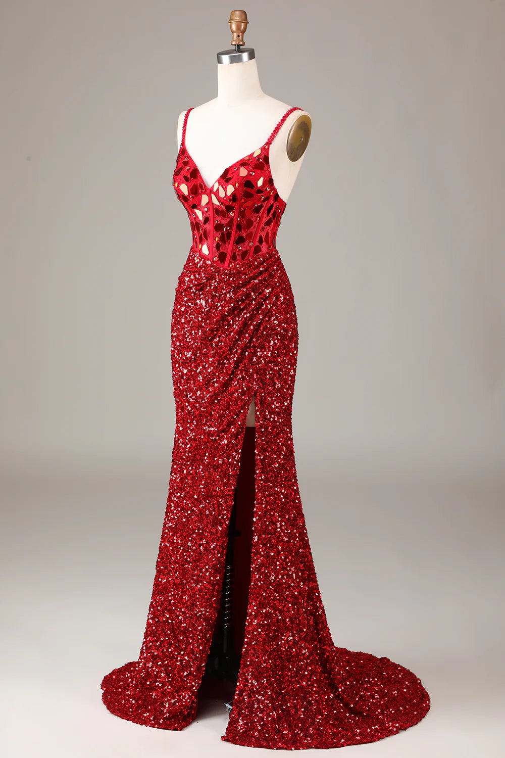 Beaira Glitter Mirror Sequins Red Corset Prom Dress with Slit