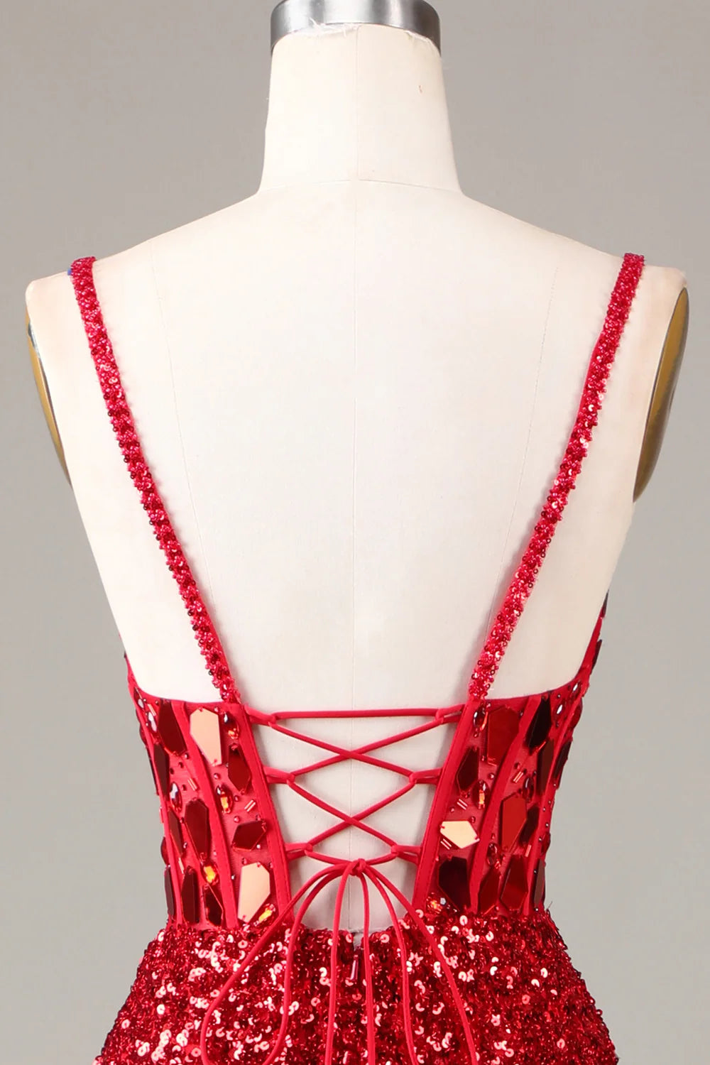 Beaira Glitter Mirror Sequins Red Corset Prom Dress with Slit