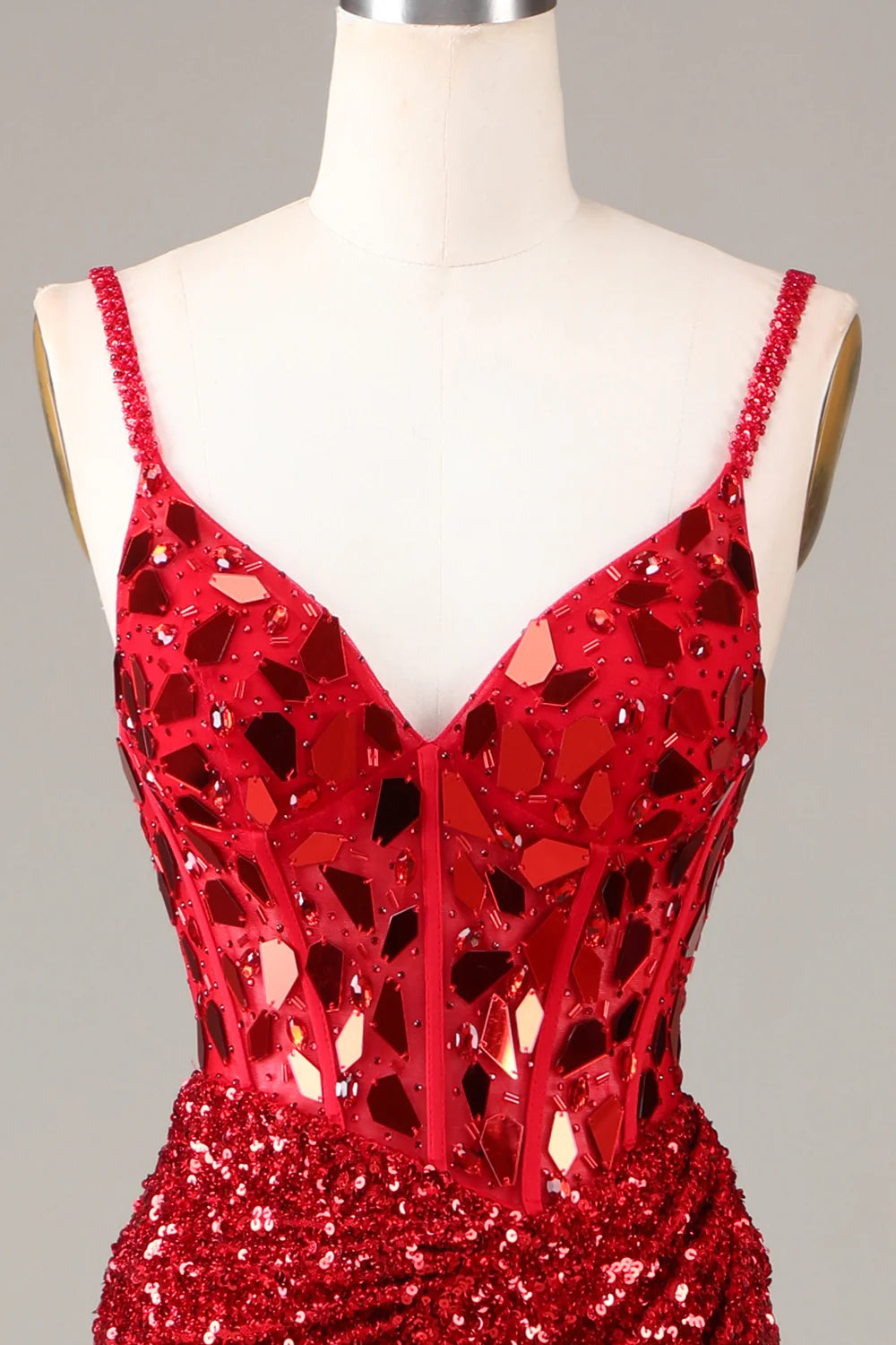 Beaira Glitter Mirror Sequins Red Corset Prom Dress with Slit