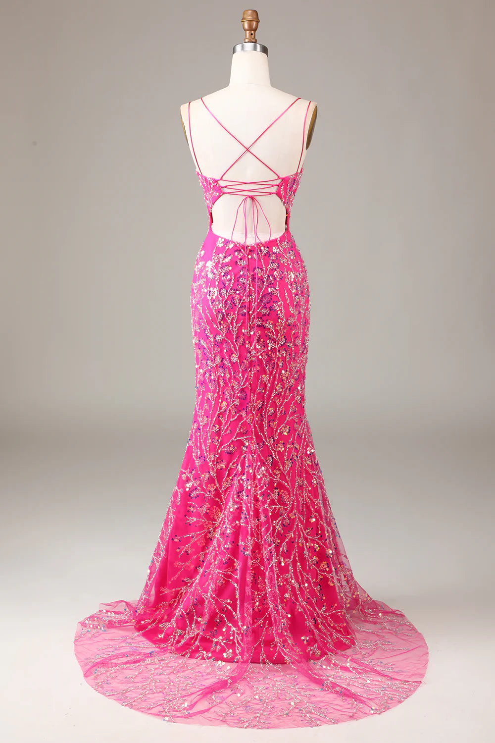 Beaira Hot Pink Sequins & Beaded Mermaid Prom Dress with Slit